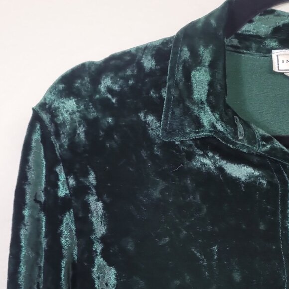 Vintage Women Crushed Velvet Button Up Shirt Size L Green Long Sleeve Collar Y2K - Picture 7 of 11